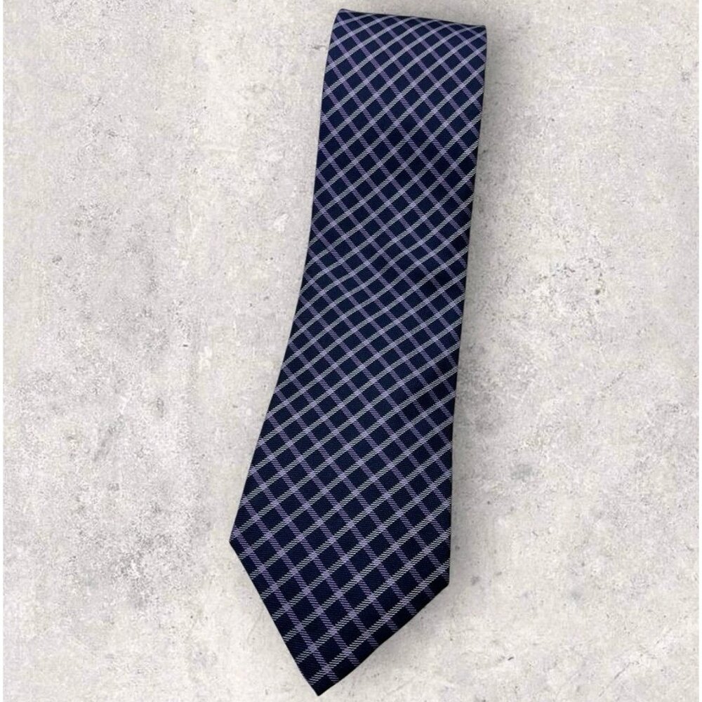 SAKS FIFTH AVENUE Silk Tie XL Navy Purple Tartan W:3.5" EUC